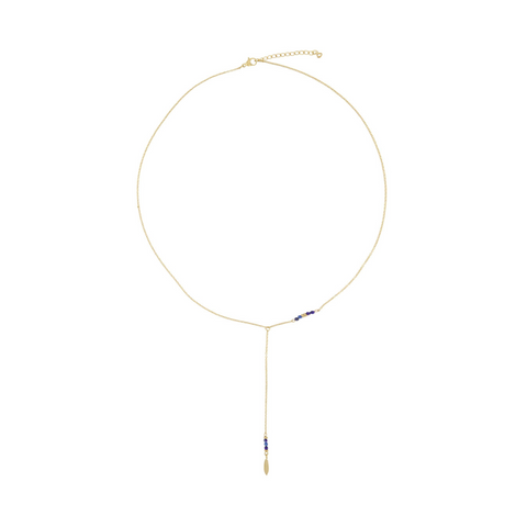 Lange ketting met veertje goud/ kobaltblauw