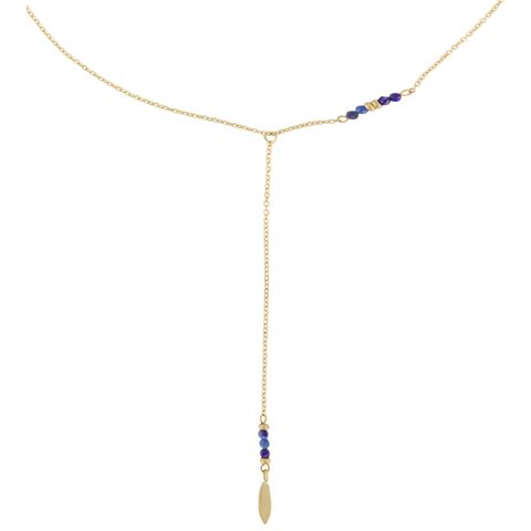 Lange ketting met veertje goud/ kobaltblauw