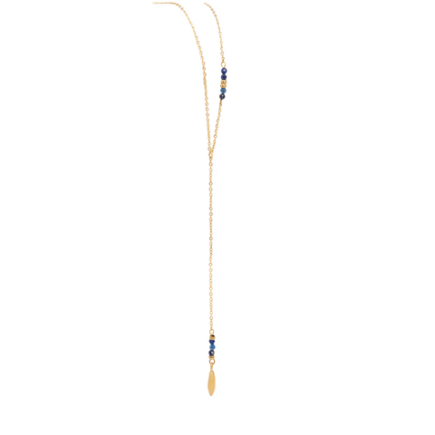 Lange ketting met veertje goud/ kobaltblauw