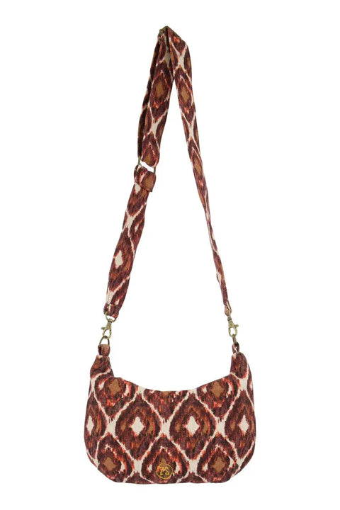 Schoudertasje met ikat print zand/roodbruin